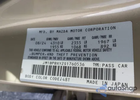 2025 Mazda Mazda3 2.5 Carbon Turbo z USA, uszkodzony, nr VIN JM1BPBXY2S1760536